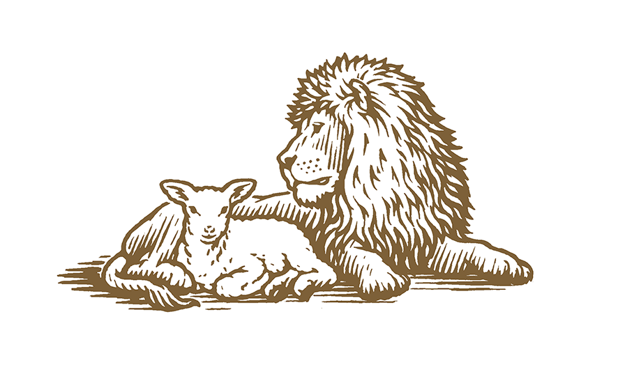 Pen and ink illustration of the biblical lion and the lamb