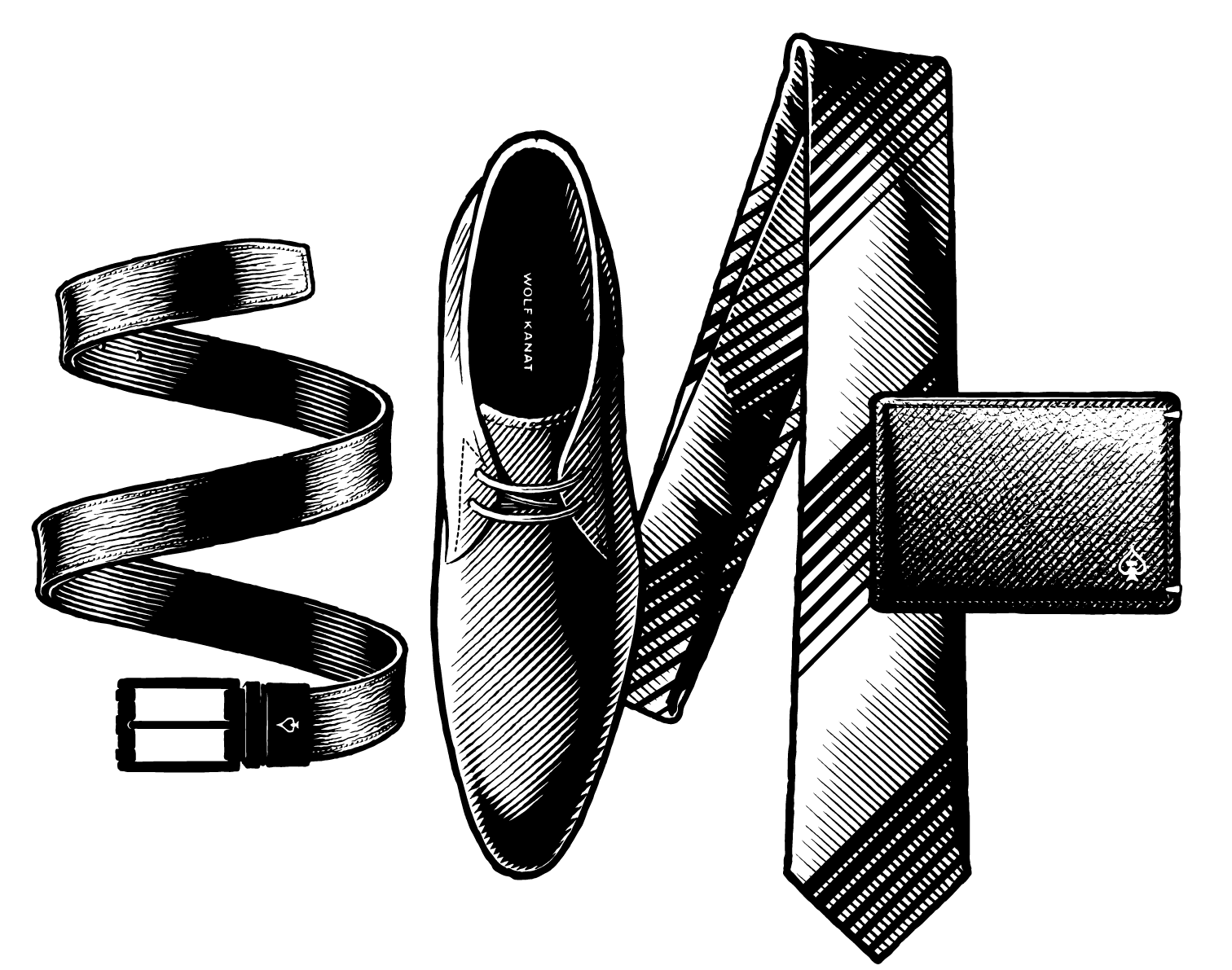 A belt, a tie, a show and a wallet, drawn with pen and ink