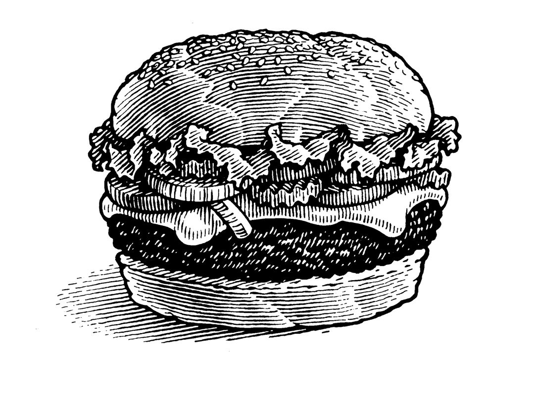 A hamburger drawn with pen and ink