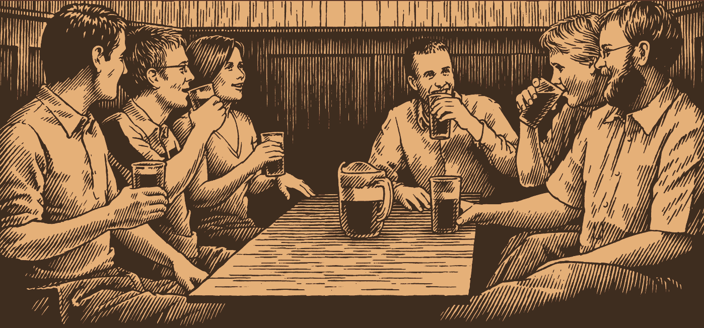 pen and ink illustration of people drinking beer for packaging