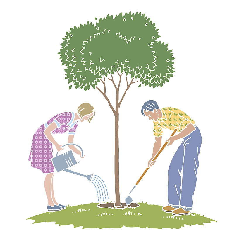 Vector art illustration of a couple tending a tree