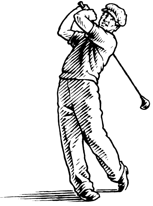 Pen and ink illustration of a golfer swinging a club