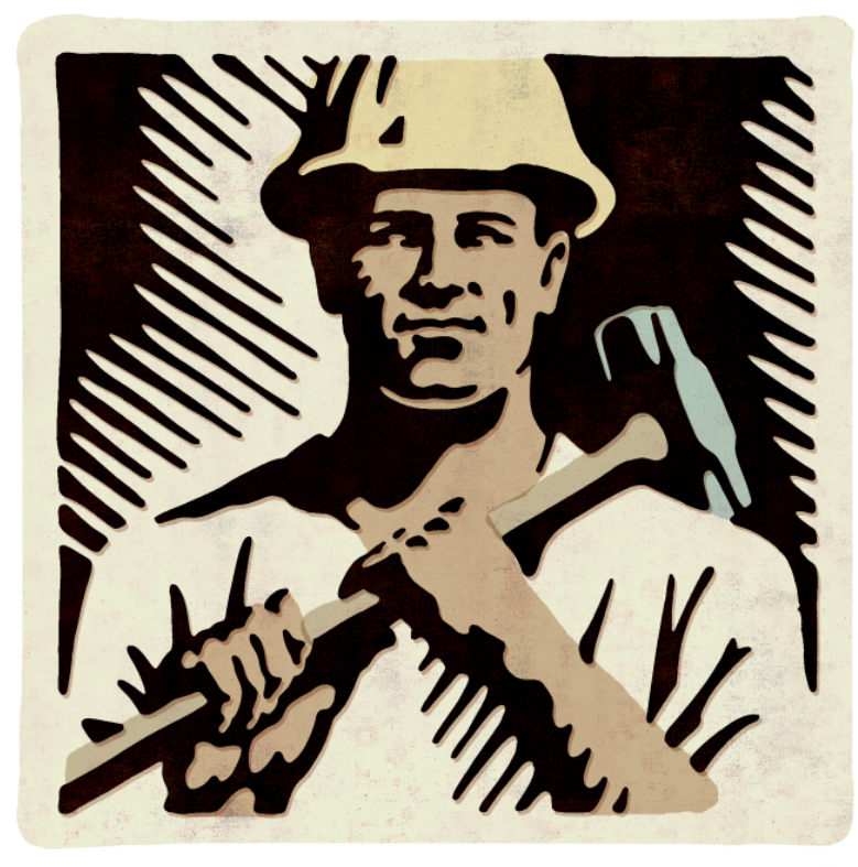 Vector art illustration of a construction worker in a hardhat drawn in woodcut style