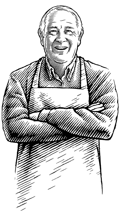 Pen and ink illustration of a man in an apron