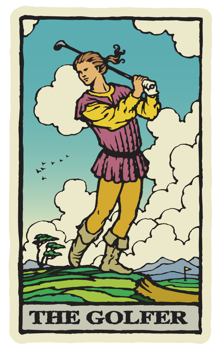 A vector art illustration of a tarot card golfer