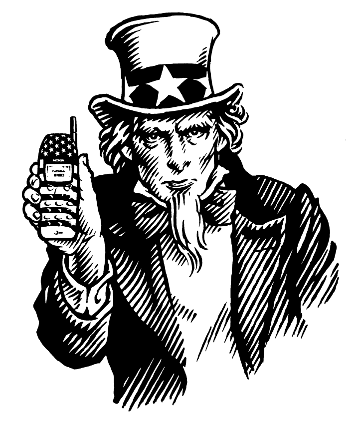 Pen and ink illustration of Uncle Sam holding a cellphone