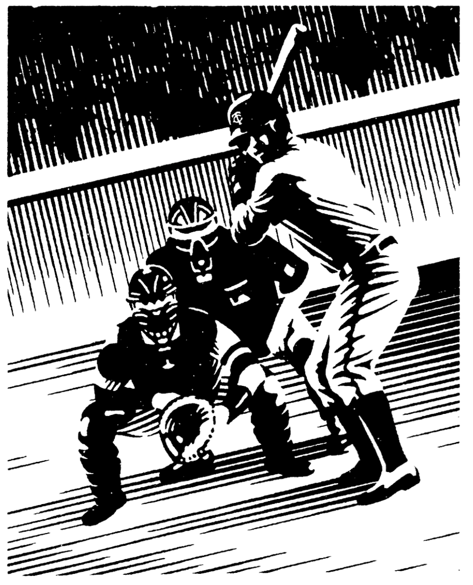 An illustration of a baseball player at bat for a book