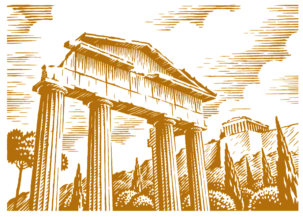 Pen and ink illustration of ancient Greek ruins for packaging