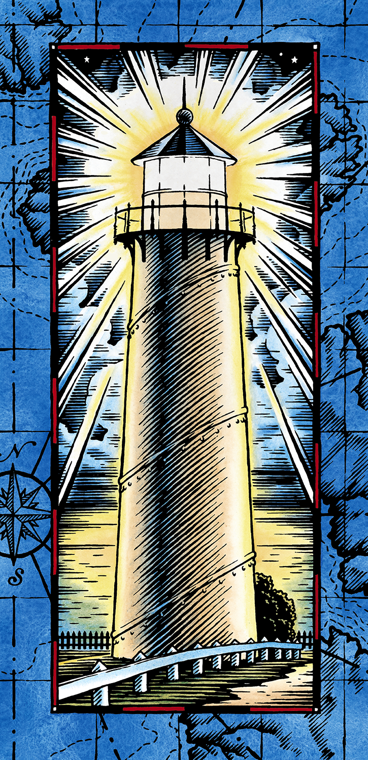 A pen and ink and watercolor illustratin of a lighthouse for a poster