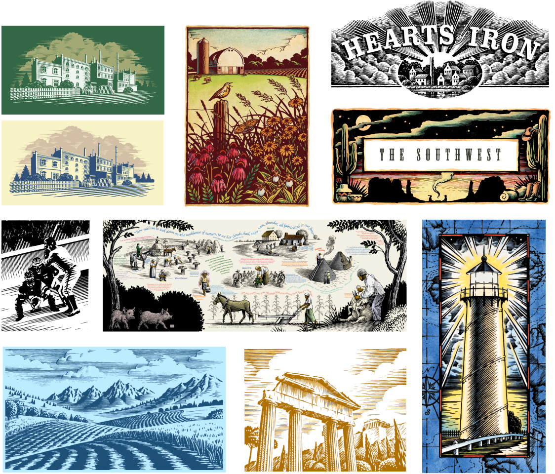 Illustrations of scenes, landscapes, farm fields