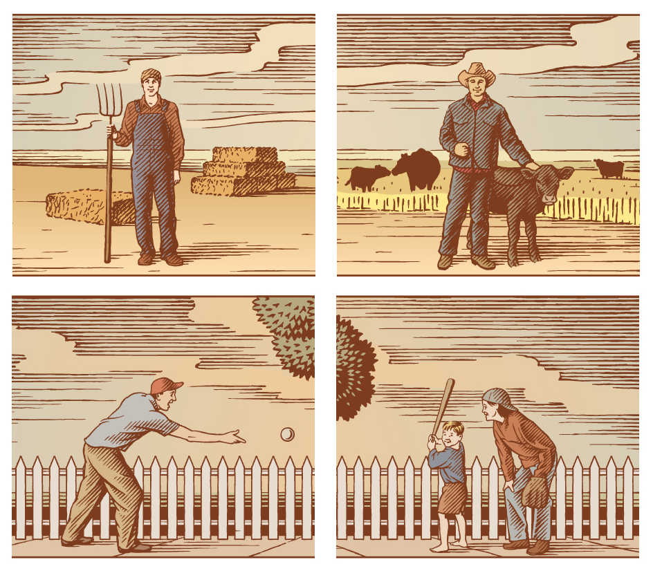 Engraving style banner illustrations of farmland and a family house