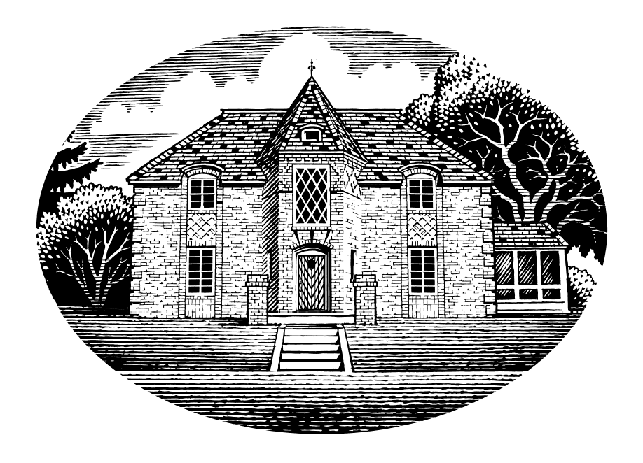 A pen and ink drawing of a house made of bricks, drawn for a university brochure by Ken Jacobsen.