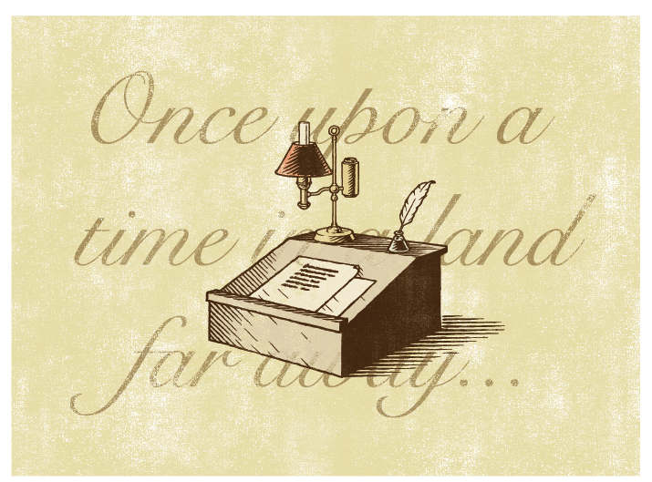 A pen and ink drawing of a writing table.