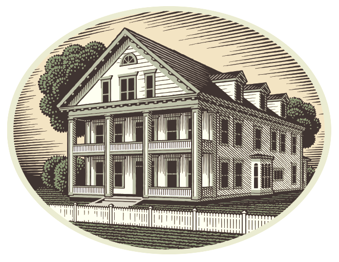 A pen and ink drawing of a historic hotel.