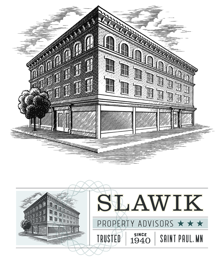 A pen and ink illustration of a building drawn in engraving style.