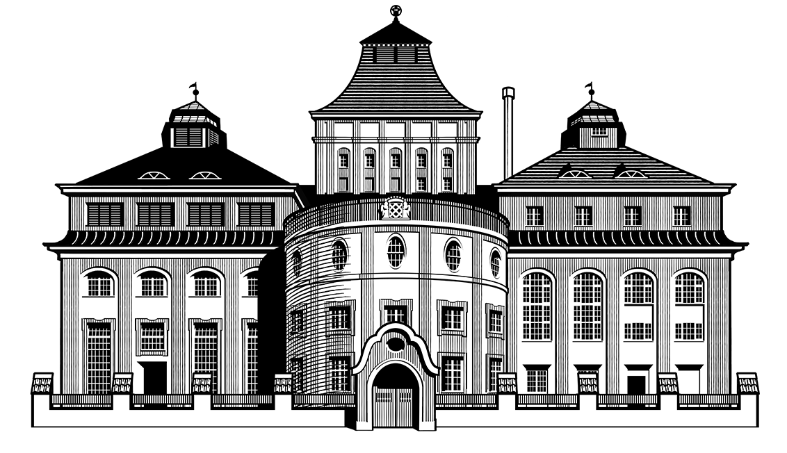 An elegant engraving style vector art illustration of a brewery.