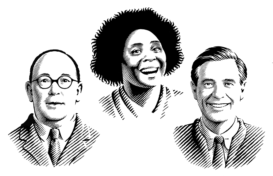 Three hand drawn portraits in Art Deco woodcut style by the illustrator Ken Jacobsen.