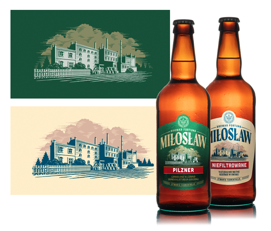 Pen and ink llustrations drawn for the bottles of a brewery.