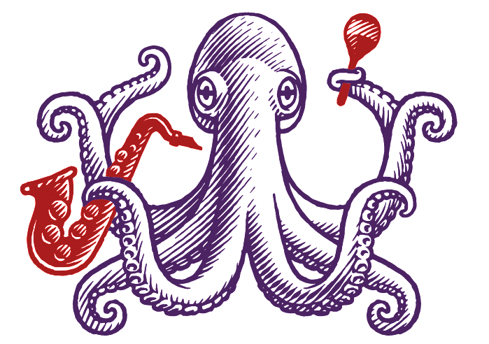 A whimsical illustration of a musical octopus, drawm for packaging by the illustrator Ken Jacobsen.