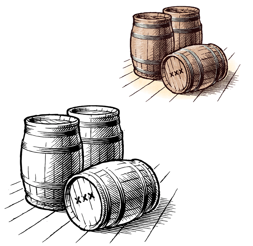 Pen and ink drawings of barrels by the illustrator Ken Jacobsen.