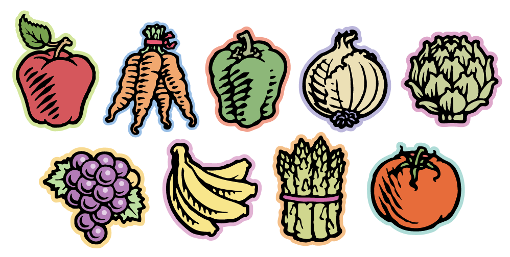 Simple graphic iconic drawings of vegetables for a brochure.