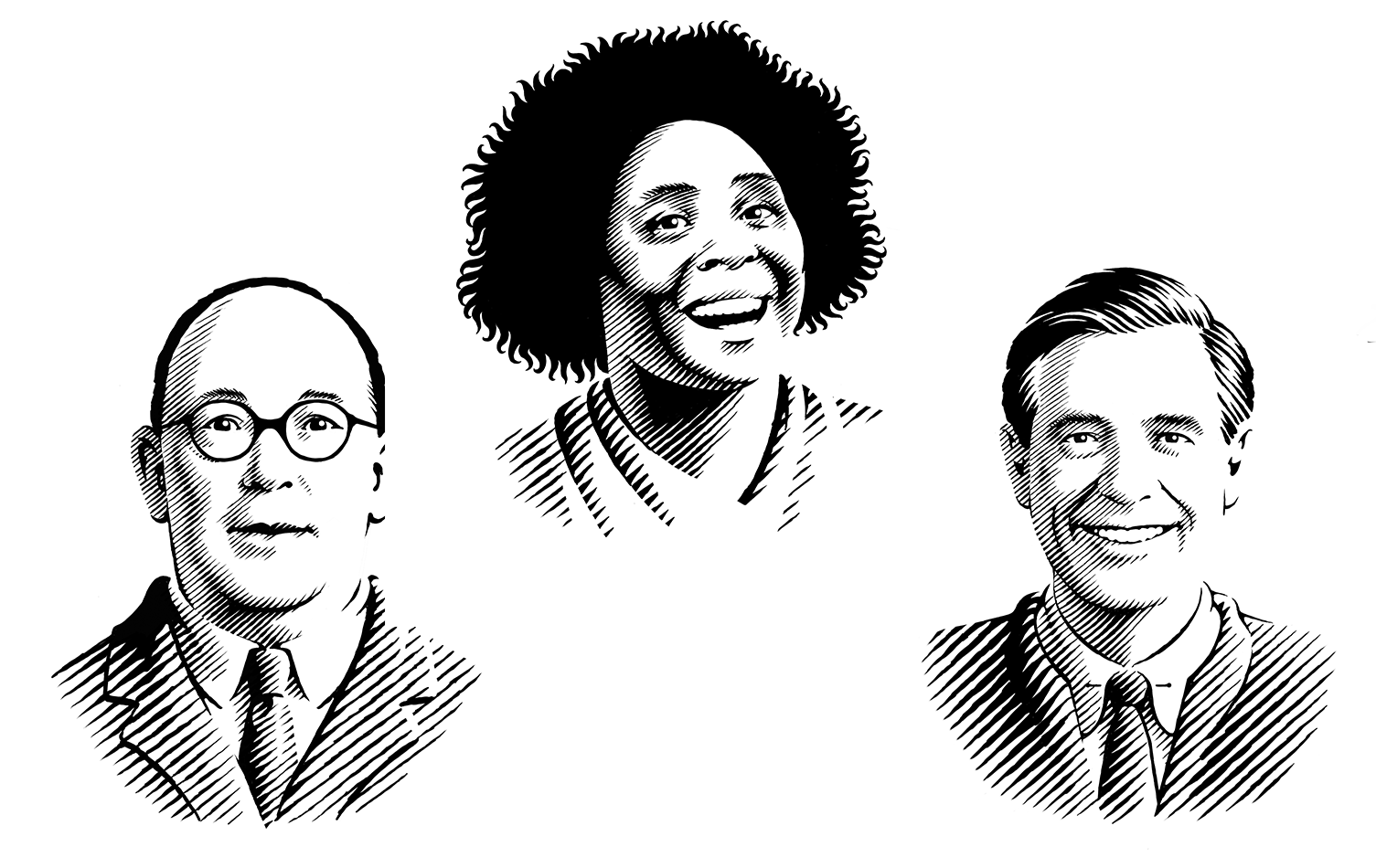 Woodcut style pen and ink portraits by the illustrator Ken Jacobsen.
