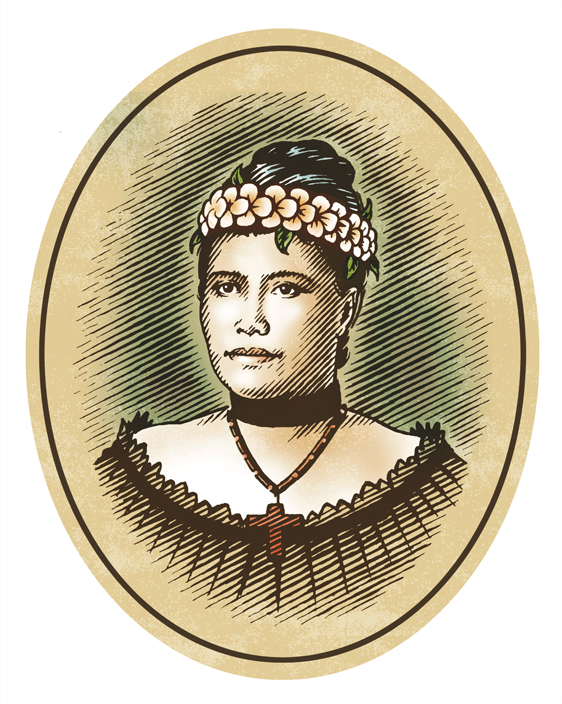 A pen and ink portrait of Hawaiian Queen Liliuokalani that was drawn by the illustrator Ken Jacobsen.