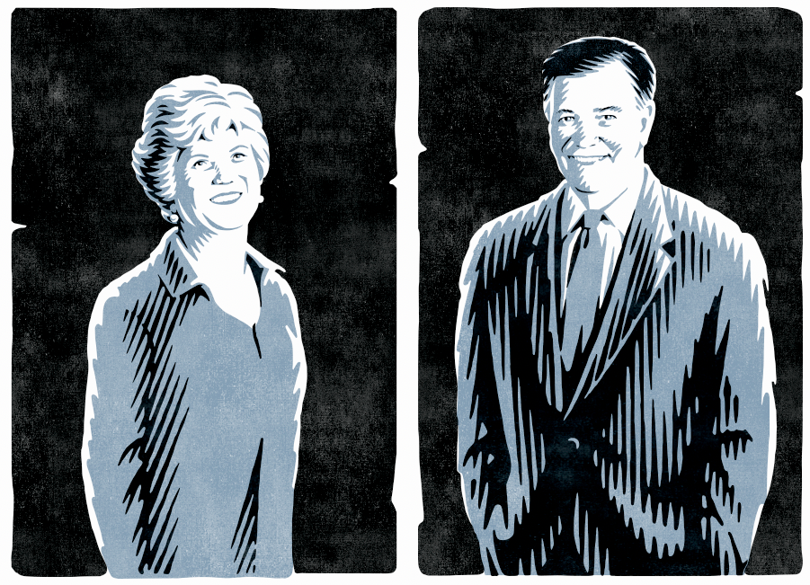 Woodcut style drawings of two donors to a university by the illustrator Ken Jacobsen.