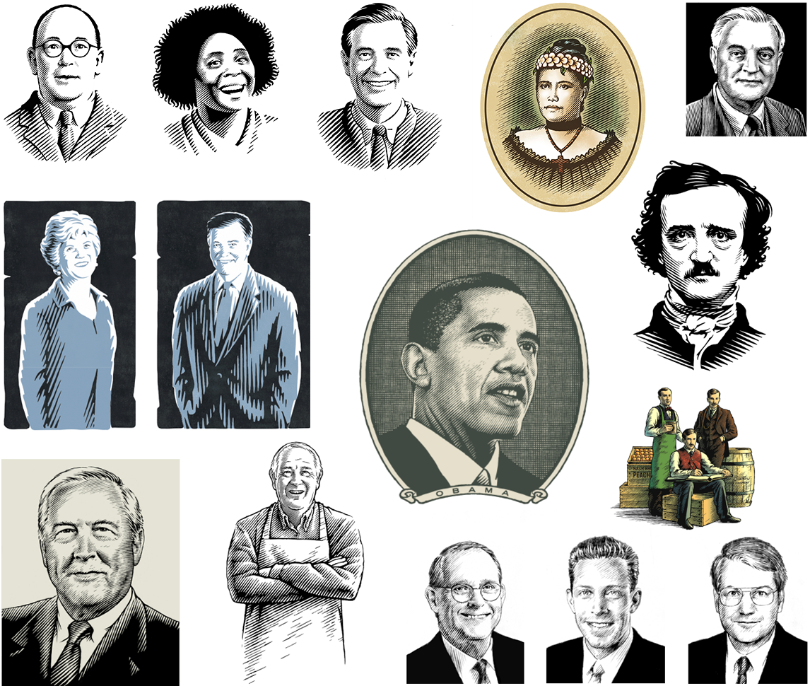 Portrait illustrations by Ken Jacobsen