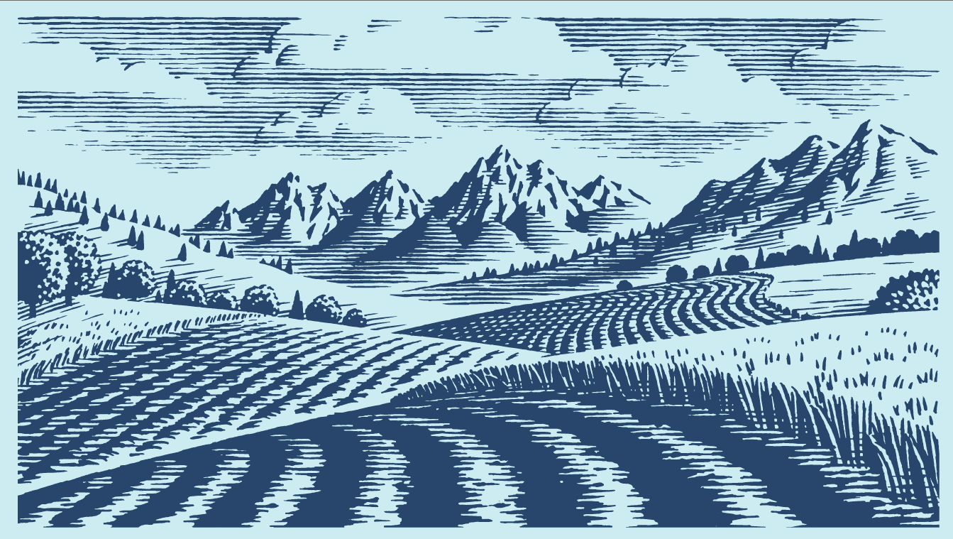 Woodcut style illustration of mountains and farm fields for packaging