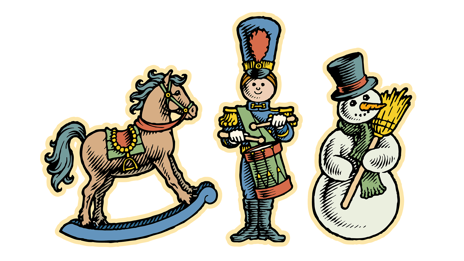 An animated illustration of toy Christmas characters by Ken Jacobsen.